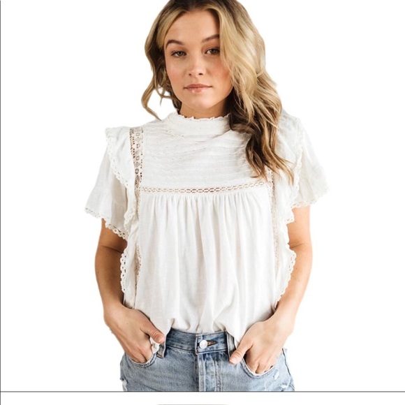 NWT Free People Le Femme Top Ruffle Lace Pleat Tee - Picture 3 of 9